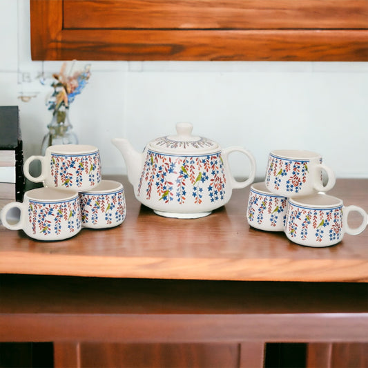 SOULCRAFTZ Hand-Painted Ceramic Coffee and Tea Cups Set with Kettle - Set of 7, Perfect for Gifting (Floral Edition)