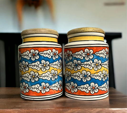 SOULCRAFTZ Handpainted Ceramic Jars with Airtight Wooden Lid | Kitchen Storage | Multipurpose Barni | Pickle jar Storage Container | Dining Table Container | 900ML | Set of 2