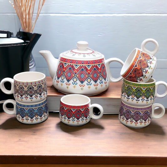 SOULCRAFTZ Hand-Painted Ceramic Coffee and Tea Cups Set with Kettle - Set of 7, Perfect for Gifting (Royal Edition)
