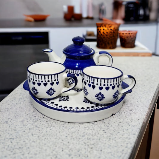 SOULCRAFTZ Hand Painted Fringe Design Ceramic Tea Kettle Set with 2 Cups(150ml), 1 Kettle(400ml)& 1 Tray/Ceramic Good Morning Set- Set of 4, Colour-Blue,Microwave Safe