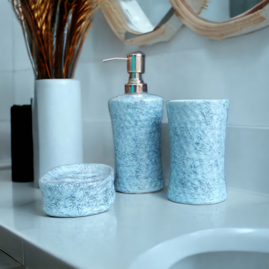 SOULCRAFTZ Ceramic Bathroom Accessories Set for Utility and Bathroom Decor | Liquid Soap Dispenser, soap Tray, Toothbrush Holder Hand Crafted (Aqua)