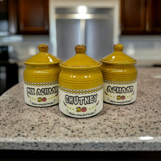 SOULCRAFTZ Ceramic Pickle & Chutney Serving Jar Set | Pickle and Chutney Jar Set for Dining Table, 300ML Set of 3